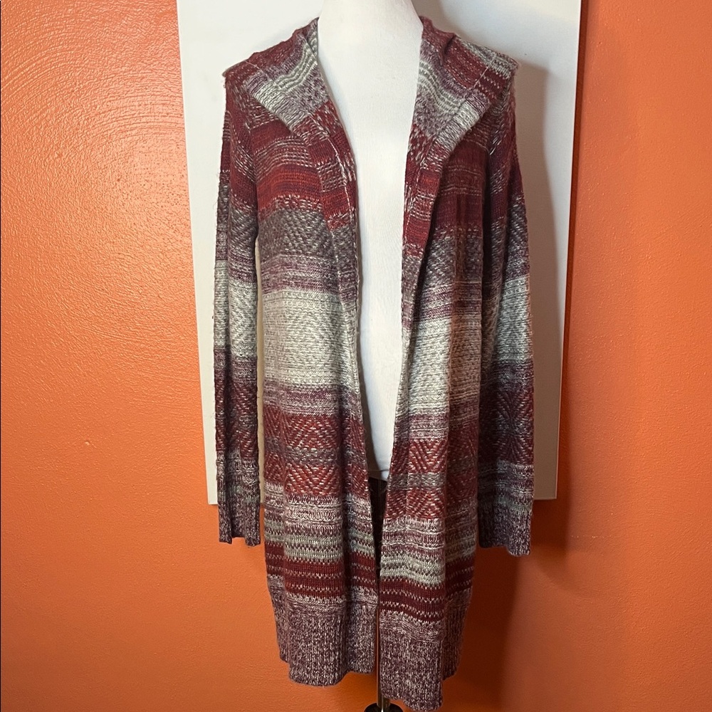 Women's Striped Hooded Cardigan Sweater - Red and Gray
